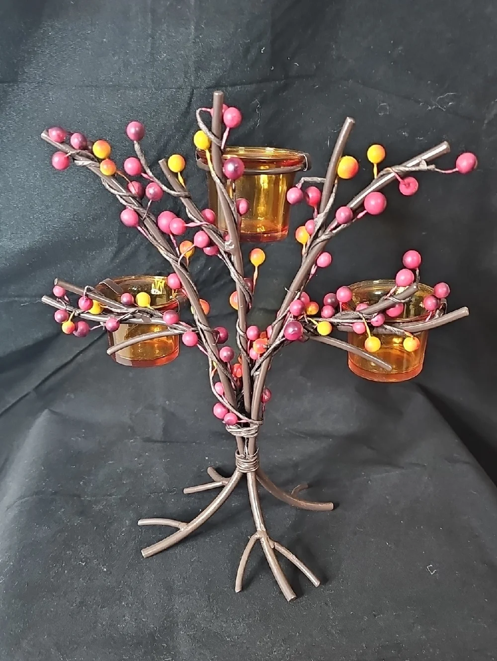 Fall Duo Vintage Amber Glass Tealight Holder Tree with Red  Yellow Berry Accents